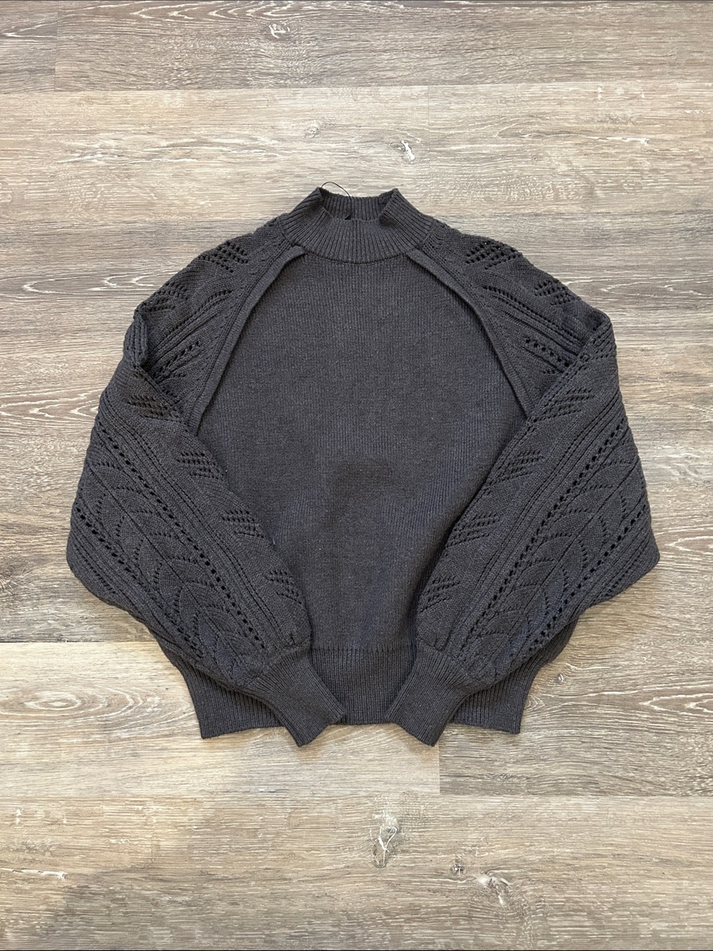 Zara Charcoal Gray Turtleneck Sweater with Textured Balloon Sleeves